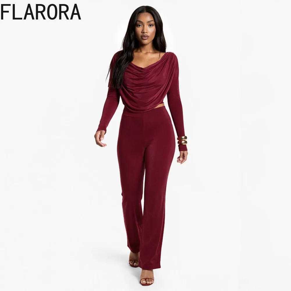 

FLARORA Elegant Fold Two Piece Sets Woman Solid Color Swinging Collar Long Sleeve Slim Fit Crop Tops And Wide Leg Pants Outfits