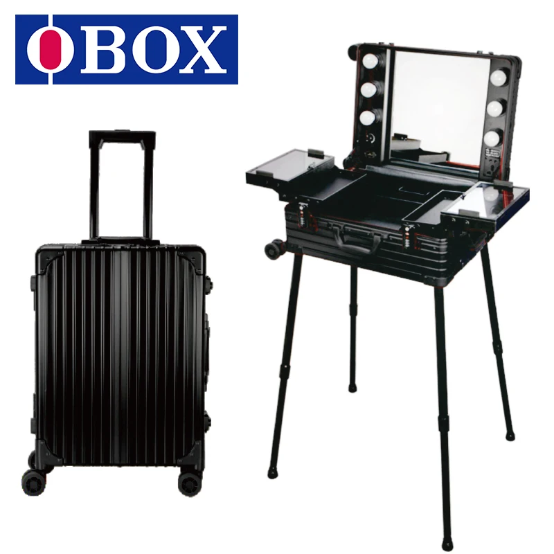 OBOX Multifunctional High-Capacity Aluminum Cosmetic Case With Zipper Closure Featuring Lamp And Rod Stent For Makeup Artists