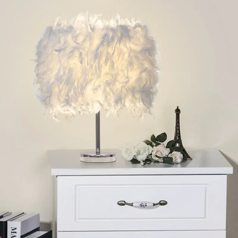 Household minimalist bedroom bedside feather table lamp silver pole princess bedside table lamp small night lamp atmosphere