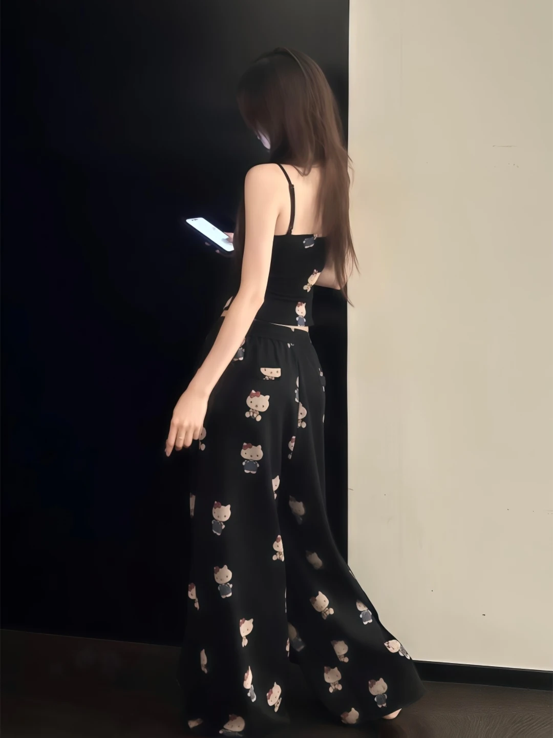 Lush Style Cartoon Print Gentle Wind Thin Strap Short Top Wide Leg Floor Length Pants Slim Fit Baring Waist Lazy Two Piece Set image 5