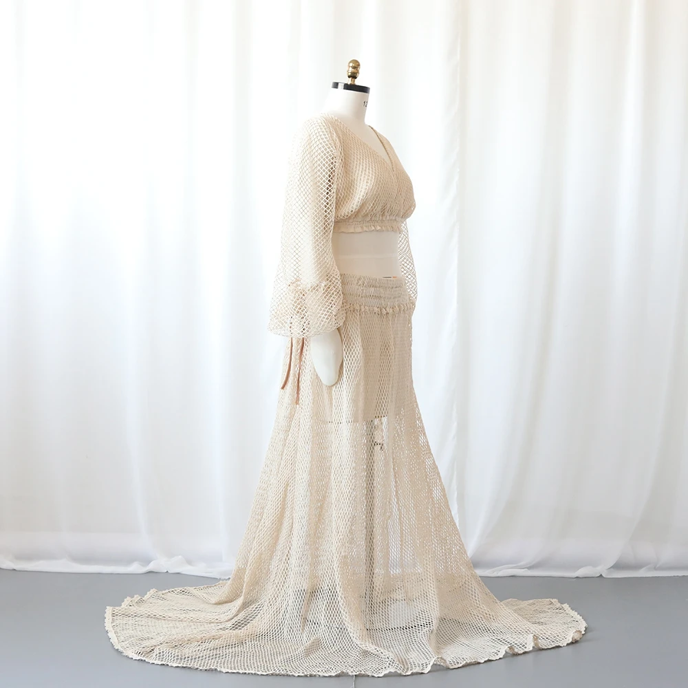 بوهو الأمومة التصوير فستان قطعتين الكروشيه متماسكة ماكسي الحمل ثوب فلوي شاطئ استحمام الطفل الزي الأمومة تبادل لاطلاق النار ارتداء