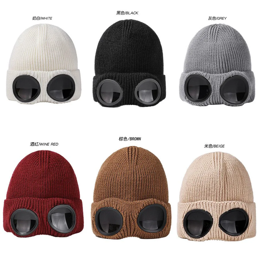 2023New Women Man Windproof Glasses Hat Wool Winter Fashion Gorros Cap Fixing Stacking Knitted Hats Women Personality Ski Cap