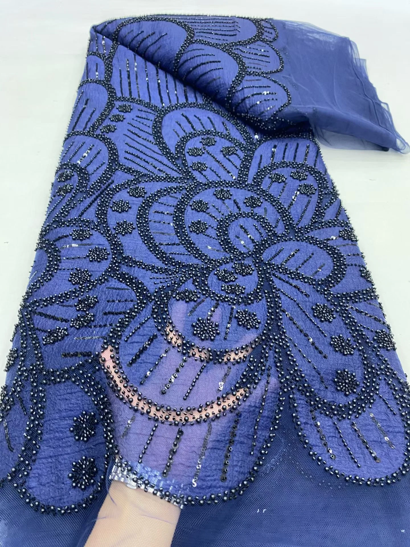 

African Nigerian Sequins Embroidery Tulle Lace Fabric, Sewing Beads Stone Prom Dresses, High Quality, 5Yards, 2025 DP0470