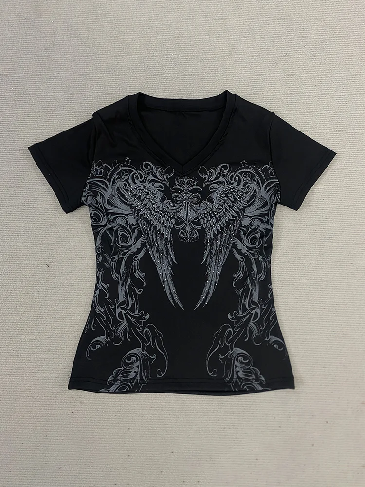 Sommer Y2K Kleidung Punk Crop Top Ästhetik Hot Girl Grunge 90er Harajuku Streetwear Kurzarm Goth Slim T-Shirt mit Kreuz-Grafik