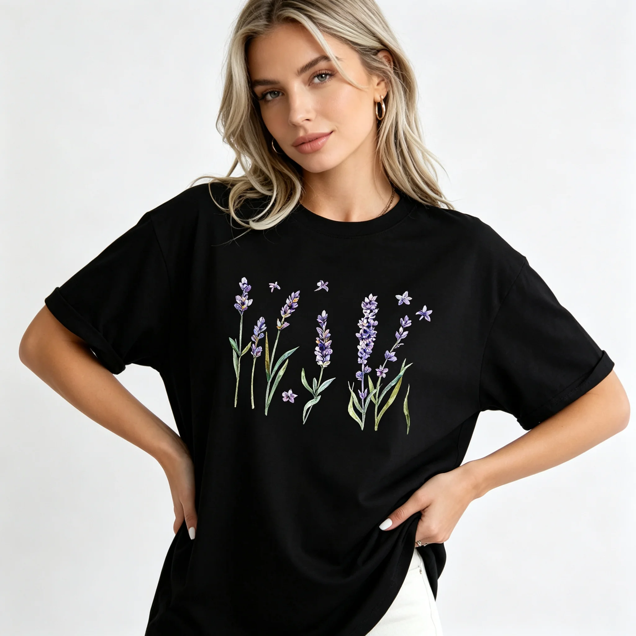Lavender Flower Casual Top, Cute Butterfly Botanical Graphic Tee, Soft Cotton Short Sleeve T-Shirt, Loose Fit Summer Fashion Tee