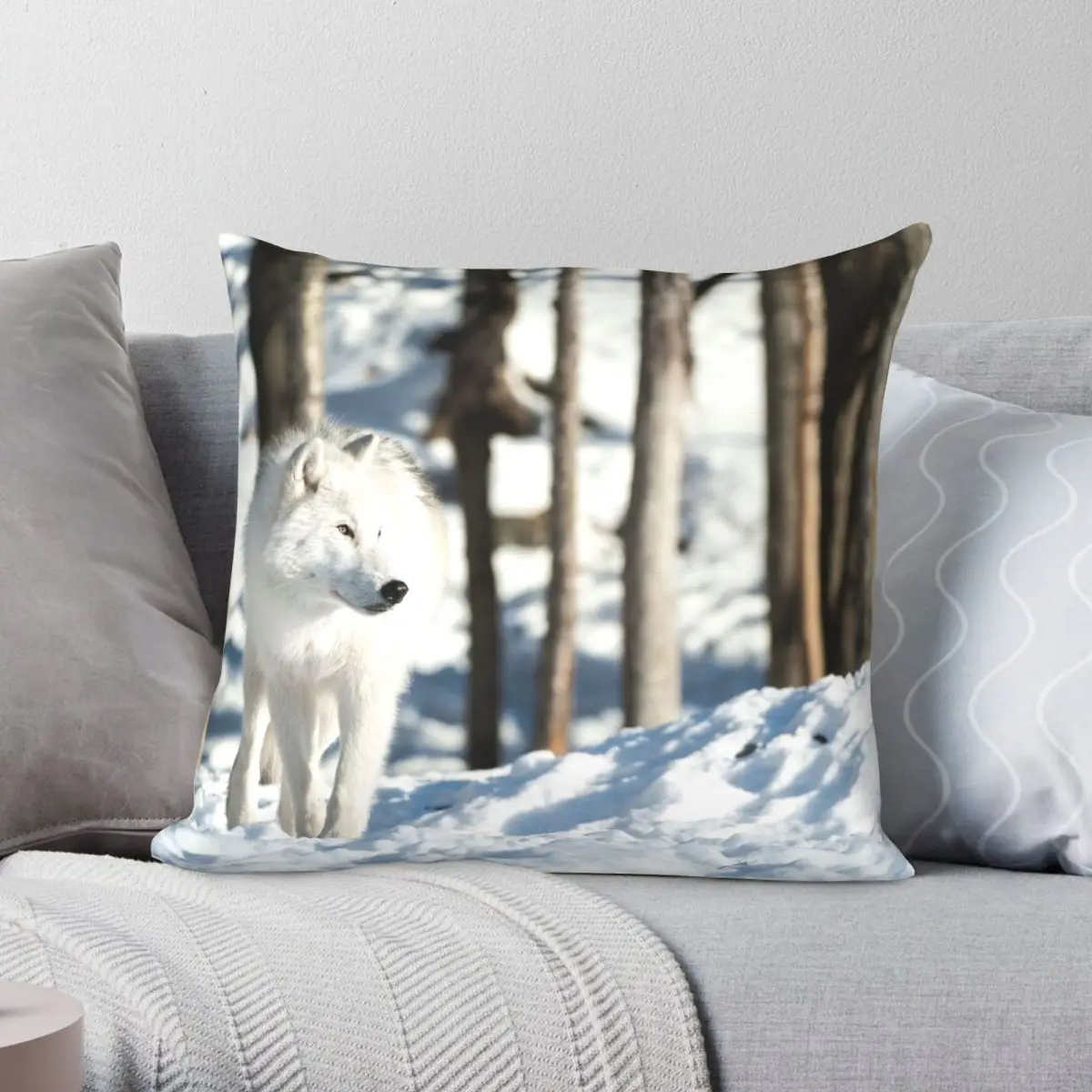 Arctic Wolf Square Pillowcase Polyester Linen Velvet Creative Zip Decor Pillow Case Room Cushion Case 18