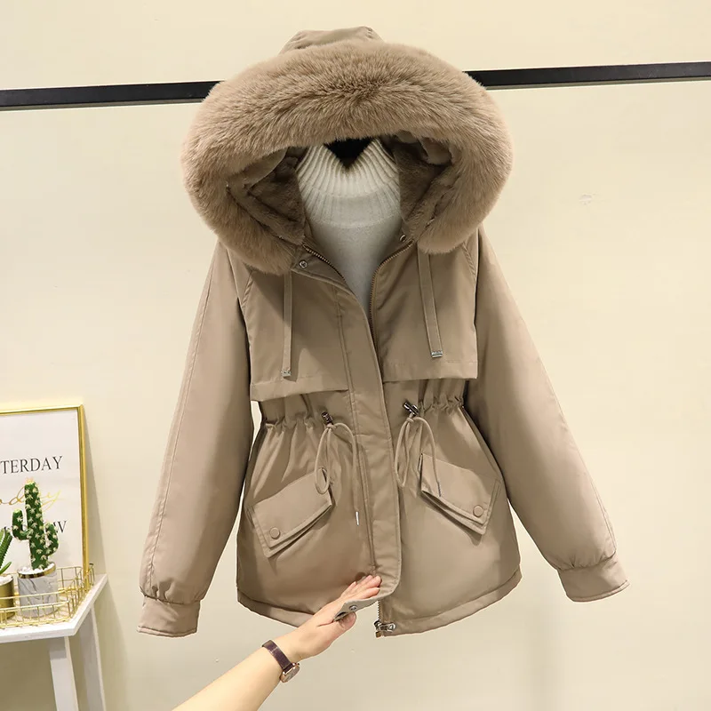 

Oversize Women Parkas Coat Hooded Jacket Mid Lenth Solid Drawstring Waist Big Fur Collar Zipper Loose Thick Casual 2025 Winter