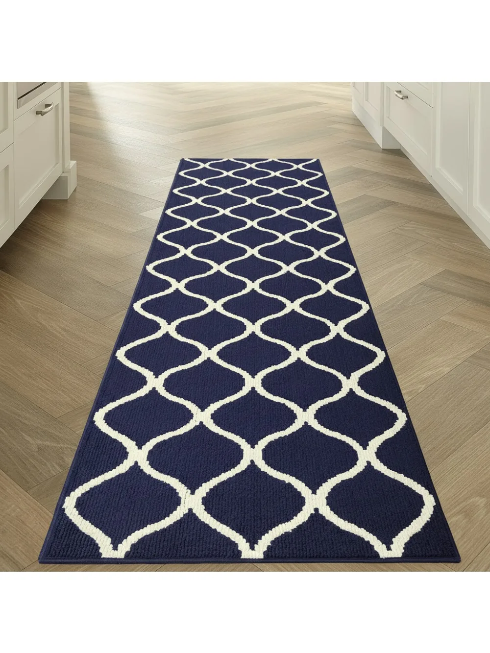 

Non-Slip Runner Rug 2'6x10 Navy Blue/White for Hallway Kitchen Entryway Durable Stain-Resistant Carpet