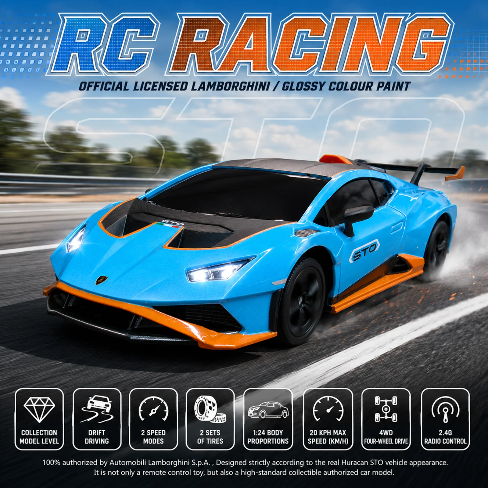 1:24 Licensed Lamborghini Huracán STO RC Drift Car, Full Function 2.4G Remote Control Racing Car with LED Light, RC Supercar Toy
