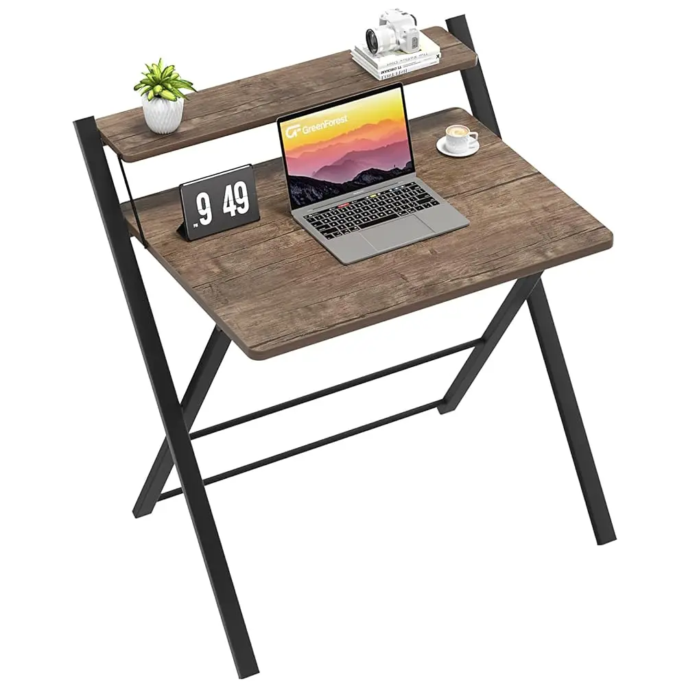 

Folding Desk No Assembly Required Small Size, 2-Tier Foldable Computer Desk With Shelf For Home Office, Space Saving Portable