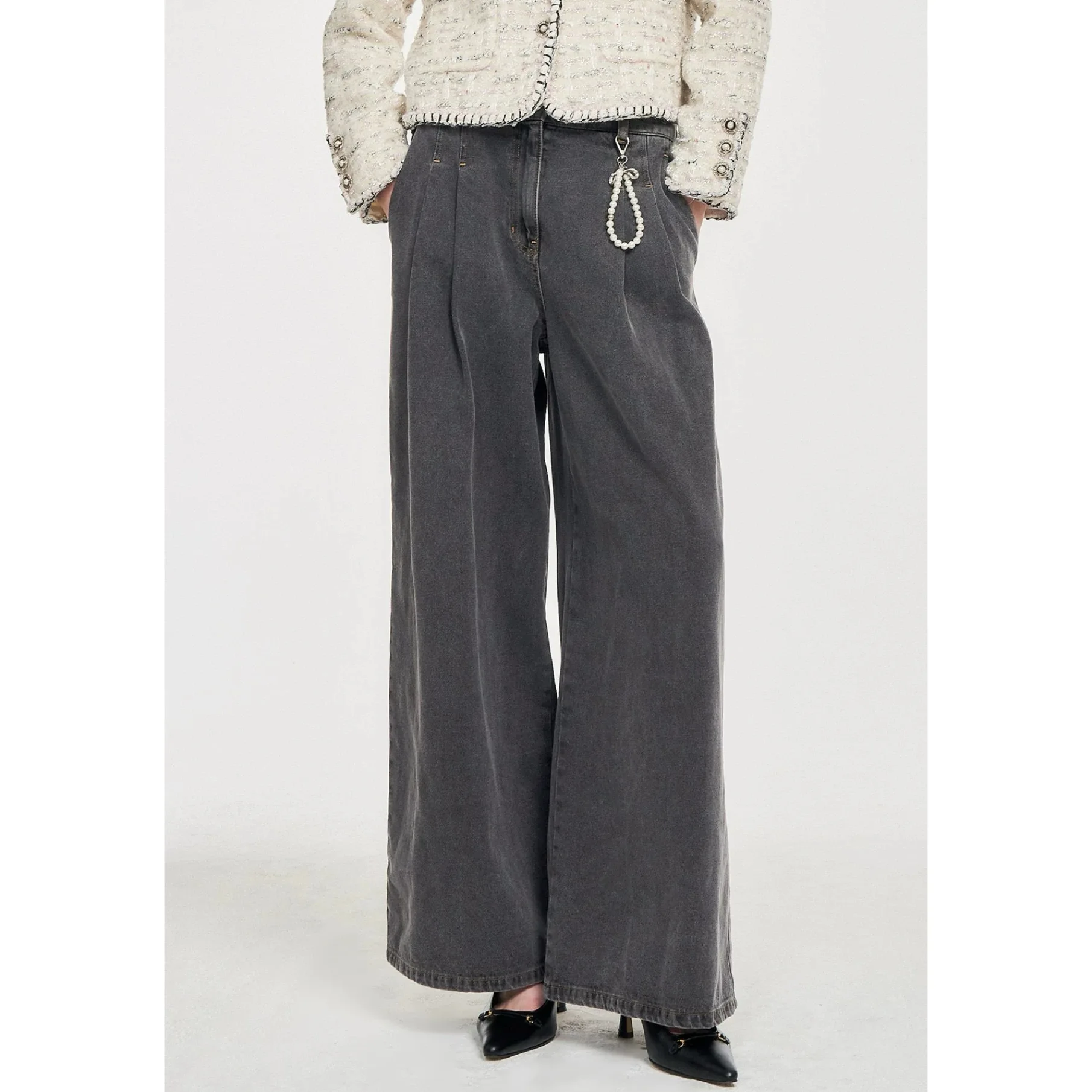 الجلود الجبن OBZ25 الخريف عارضة Faion مزدوجة الوجهين مطوي فضفاض مستقيم الساق واسعة الساق الجينز عالية الخصر سستة Sle