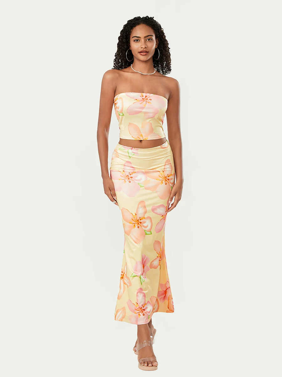 Dames Zomerrok Outfits Bloemenprint Tube Tops Met Lange Slanke Rok Set Tweedelige Rok Sets