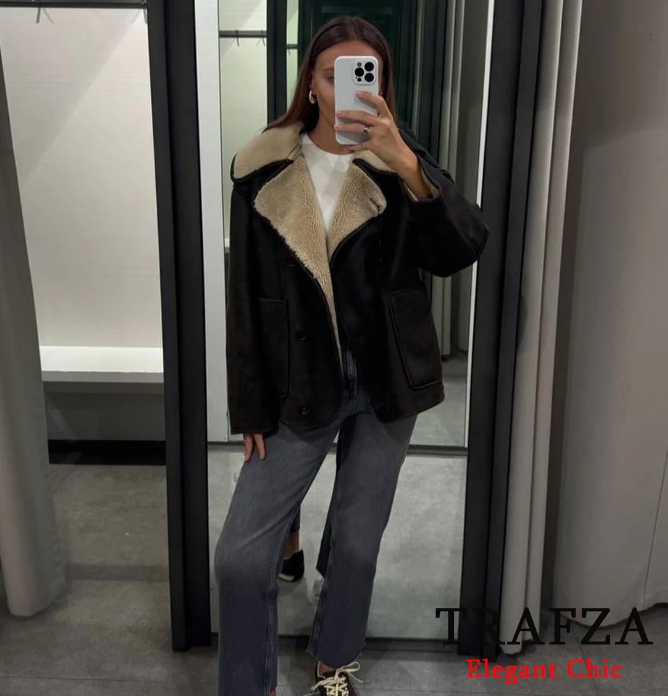 TRAFZA Women Fall Winter Fleece Coat Vintage Lapel Coat New 2024 Fashion Retro Loose Fleece Coat Single-Breasted leather Jacket