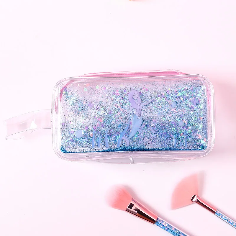 CHEN LIN 1Pc Cute Cartoon Quicksand Clear Pencil Case Shiny Glitter Mermaid Pen Bag Student Large Capacity Storage Cosmetics Bag