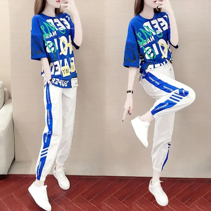 

Summer Attire Women Large Size Leisure Motion Outfit 2024 Female Short Sleeved Pant Set Korean Lady Fashion Loose Two Piece Set