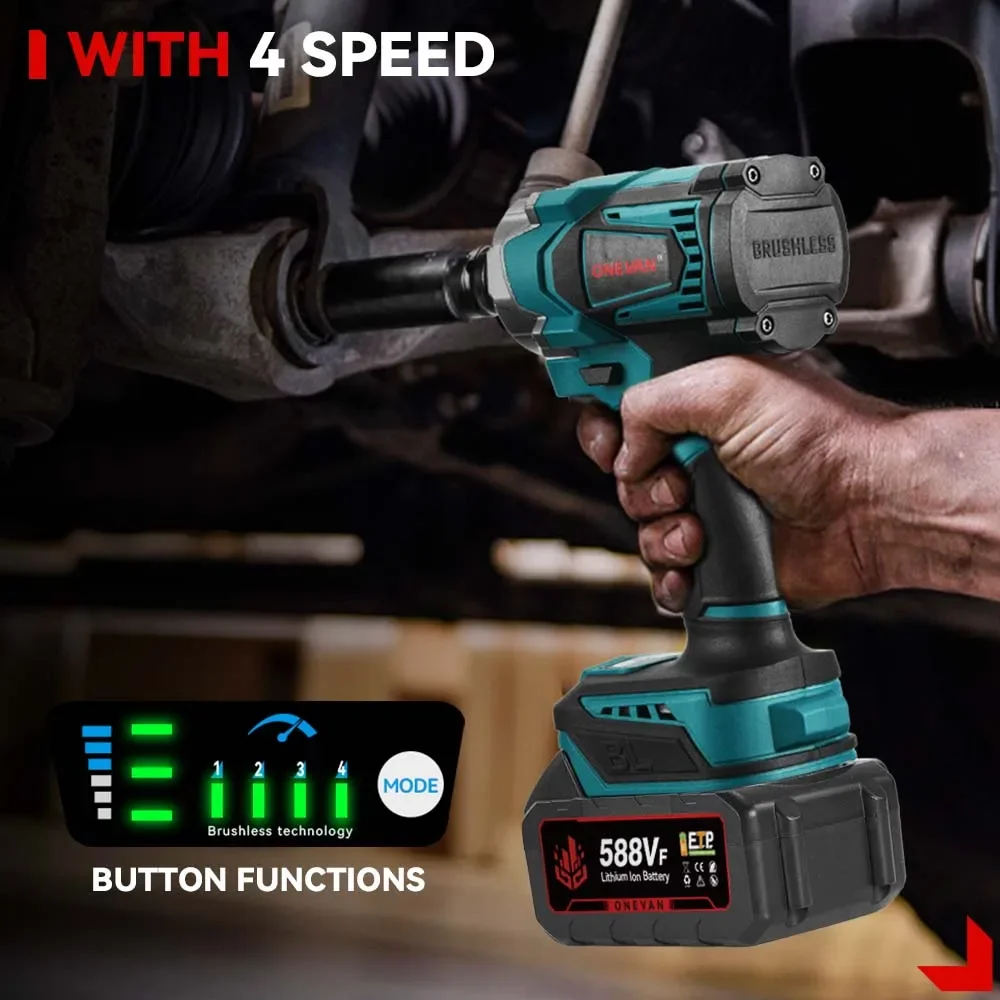 ONEVAN 1200N.M Torque Brushless Electric Impact Wrench 1/2 inch Cordless Wrench Screwdriver Power Tools for Makita 18V Battery