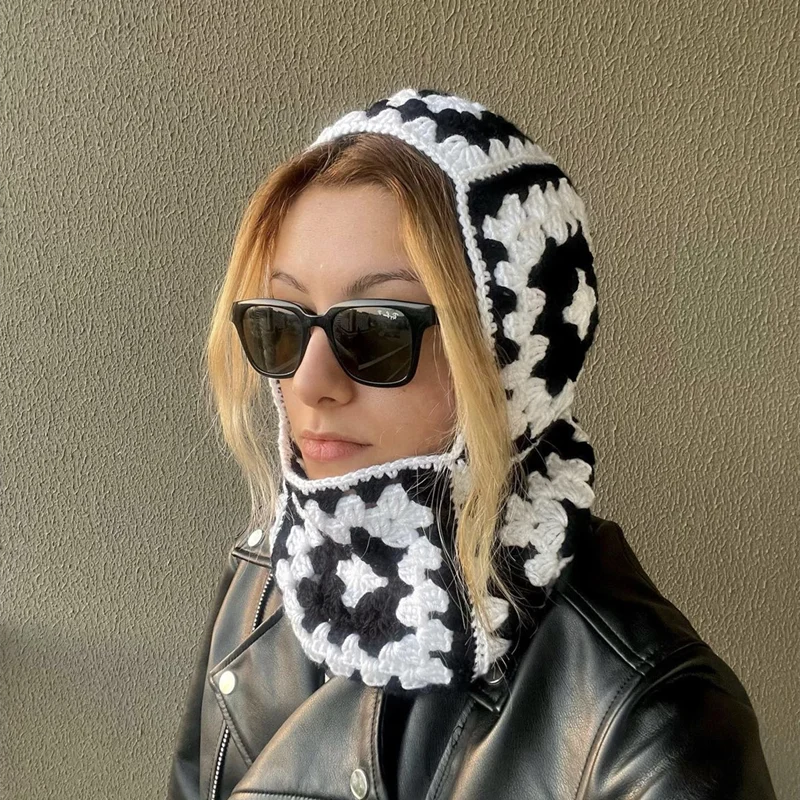 

Fashion Designer Halloween Crochet Granny Square Balaclava Hat Women Winter Handmade Hollow Knit Hoodie Beanie Ski Mask