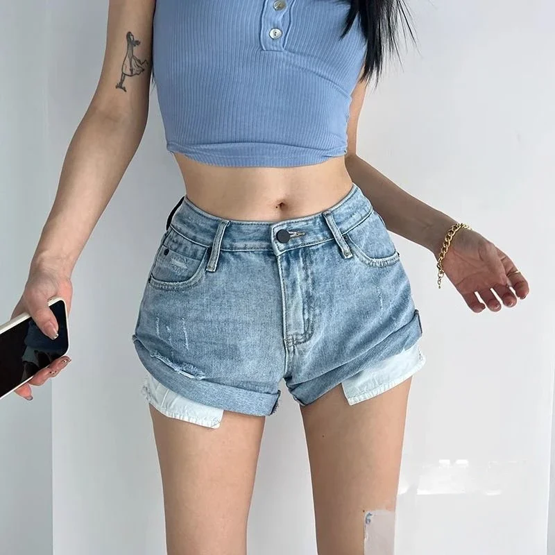 Retro High Waist Pocket Rolled Wide-leg Denim Shorts Women Jean Shorts Ropa De Mujer Short Femme