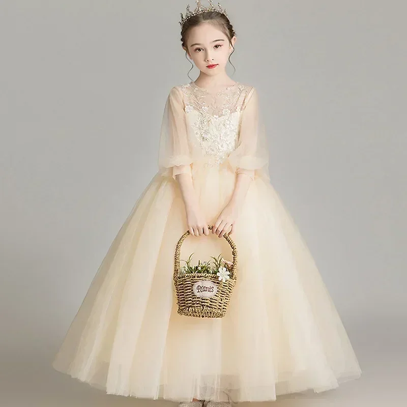 Blumenjunge Prinzessin Kinder 2024 Western-Hochzeitskleid Flauschige Gaze Blumenjunge Walk Host Klavier Performance Kleid