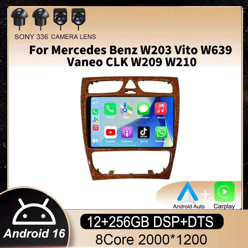 Android 16 Radio Stereo video Player Car For Mercedes Benz W203 Vito W639 Vaneo CLK W209 W210 CarPlay Navigation GPS 4G BT