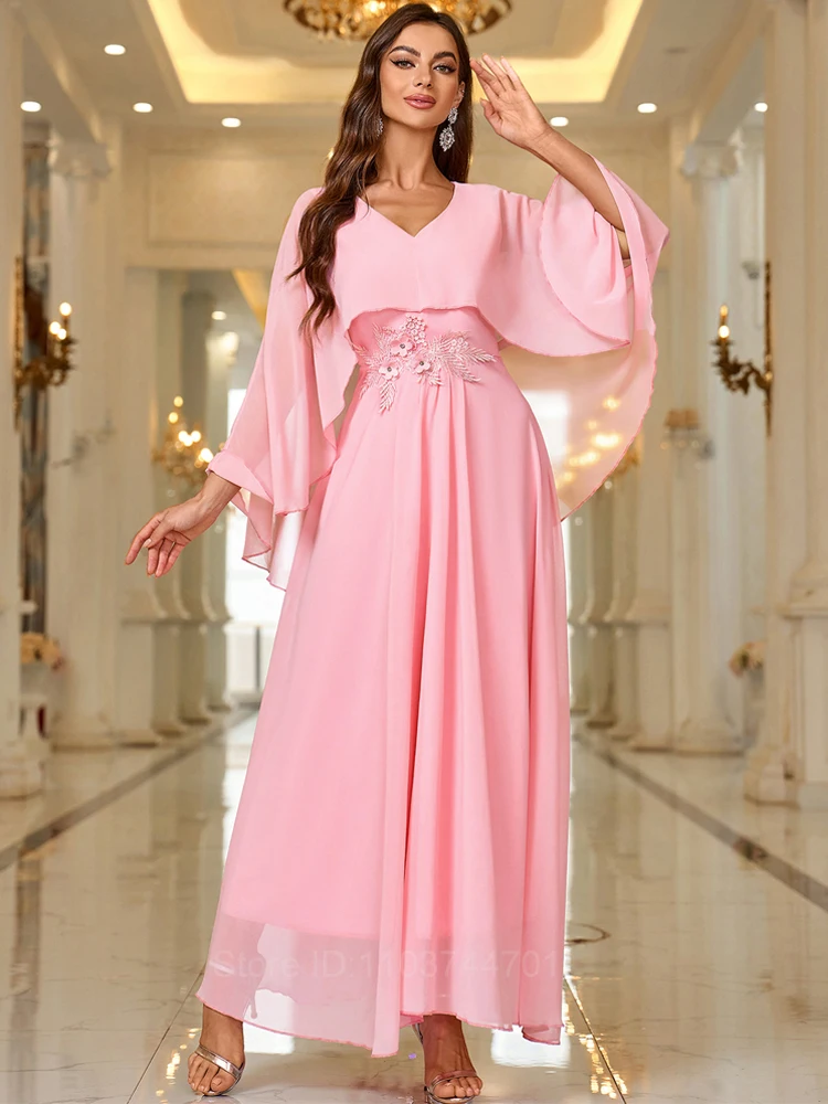 2024 New Pink Chiffon Boho Dress Spring Summer Long Sleeve Prom Evening Women Elegant Fashion Midi Dresses Vestidos De Fiesta