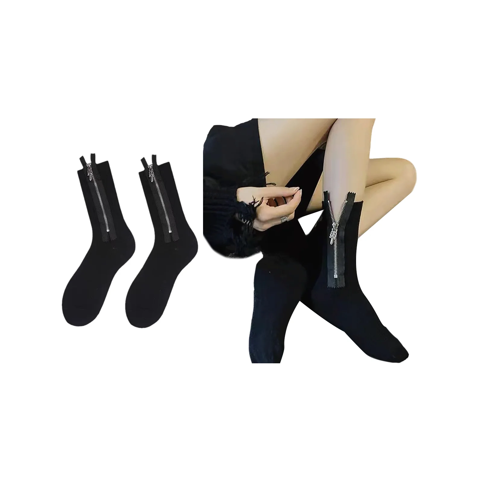 

Металлическая застежка-молния, хлопковые носки средней длины, черный цвет (1 пара без отверстия + с отверстием)