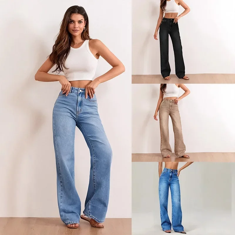 

Jeans Women Straight Pants Streetwear Washed Distressed Strecth Mid Waist Pockets Vintage Basics Ankle Length Trousers Denims