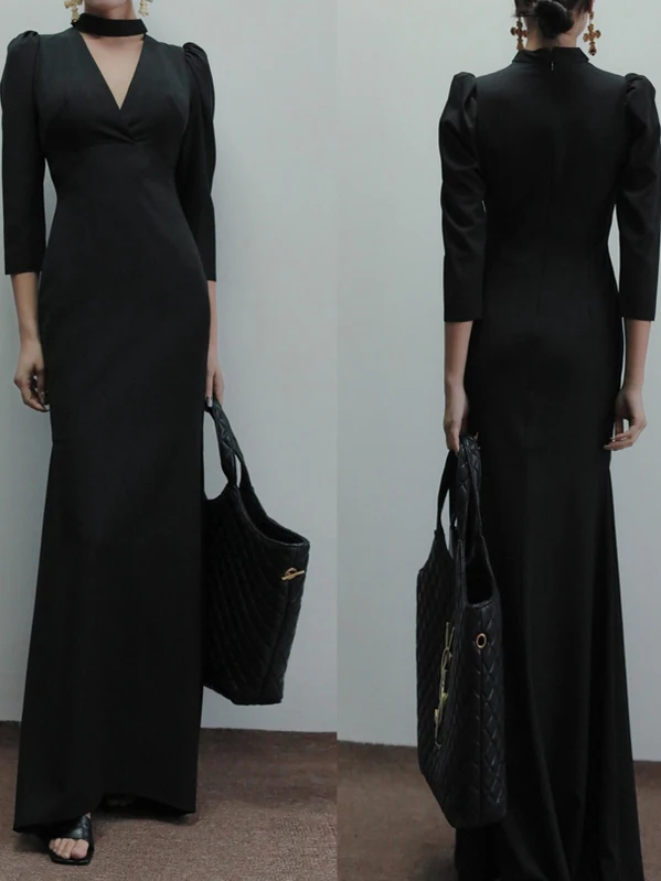 Ele Unique Slimming Long Bla Hepburn Sle Dr Polied Appearance Spring Autumn New Model Women's Faion Dr