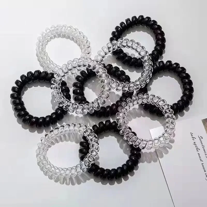 Lazos elásticos para el pelo en espiral para mujer, aros para el pelo con cable para teléfono, soporte para cola de caballo, bandas de goma negras,