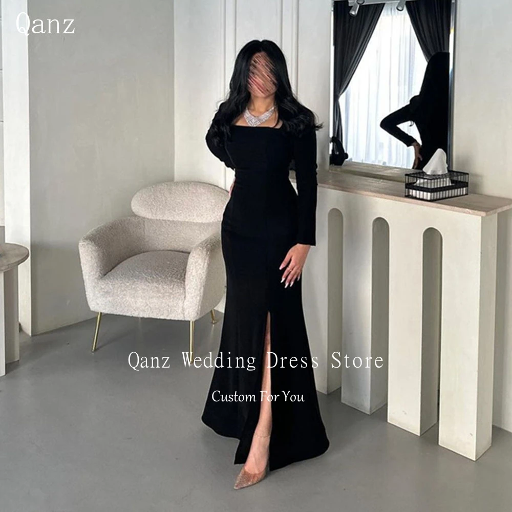 Qanz Square Neck Black Mermaid Evening Dresses Saudi Arabia Prom Party Dresses For Women Sexy Split Vestidos De Noche Customized