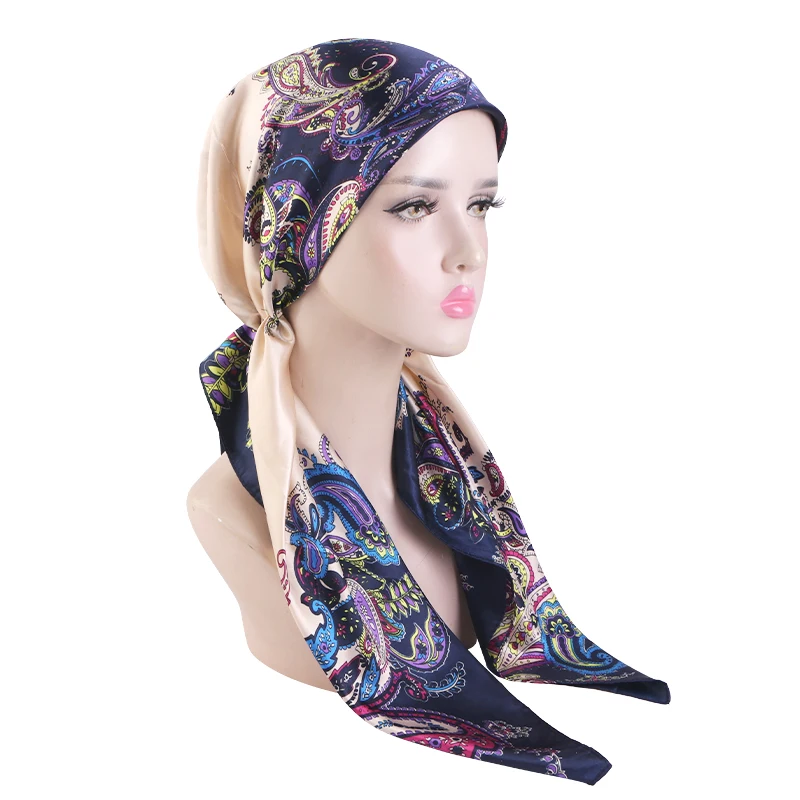 Neuer Damen-Doppelschicht-Paisley-Satin-Instant-Hijab-Schal-Turban, muslimische Kopfbedeckung für Frauen, Chemotherapie-Mütze, Haarausfall-Abdeckung, Kopfwickel, Banda – Detail 5