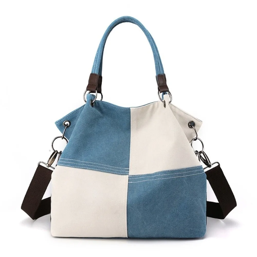 Simple Design Retro Canvas Shoulder Bag Patchwork Style Large Capacity Shoulder Crossbody Bag Soft All-match Color-block Handbag