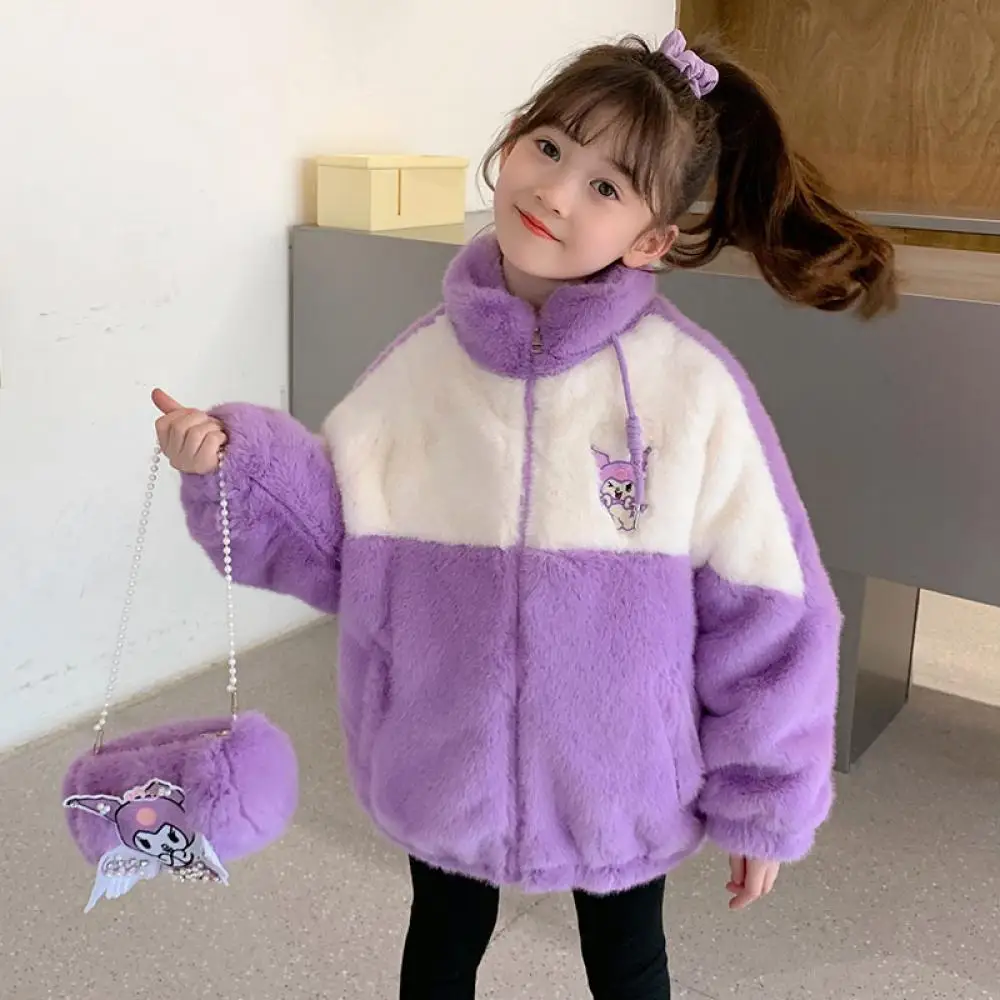 

Anime Sanrio Kawaii Kuromi Children's Plush Jacket New Winter Plush Warm Coat Kids Wear Soft Turtleneck Outerwear Zipper Jacket