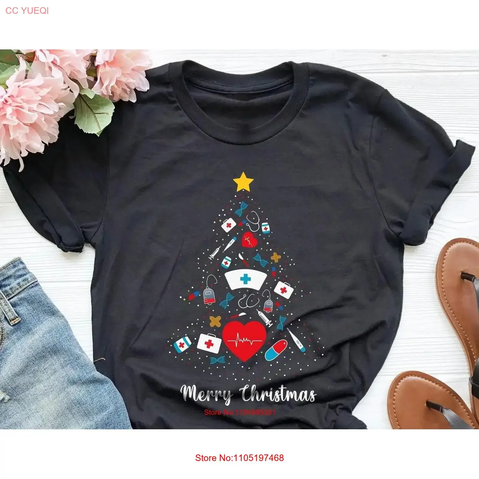 

Nurse Christmas Tree T Shirt Xmas Party Hospital vintage Washed Top For Everyday Wear Stretched fashion Slightly Unisex Stylish