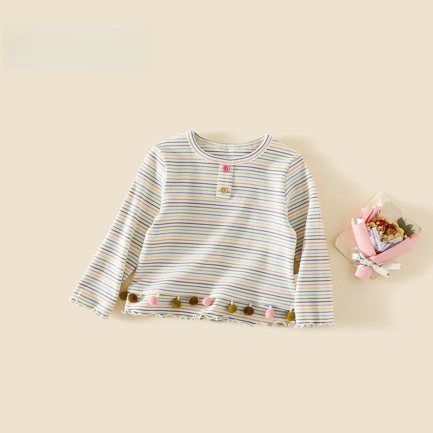 Girls' Autumn Long Sleeved T-shirt 2026 New for Baby Girls Korean Casual Colorful Striped Base Shirt Children's