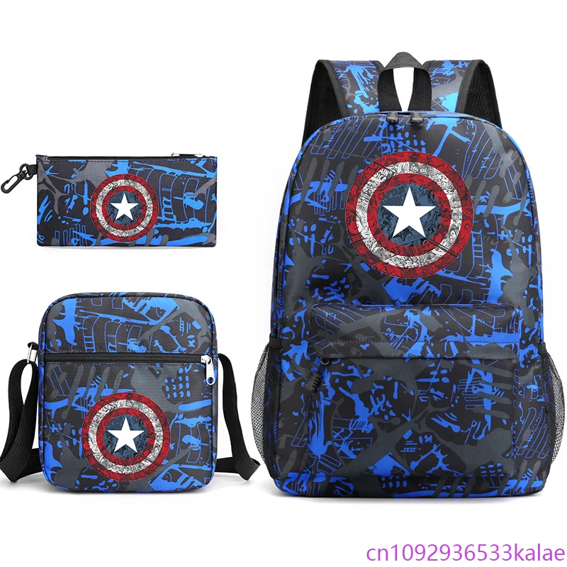 Captain America Shield Printed 3 Piece Backpack Large Capacity School Bag Kids Rucksack Shoulder Bag Pencil Bag