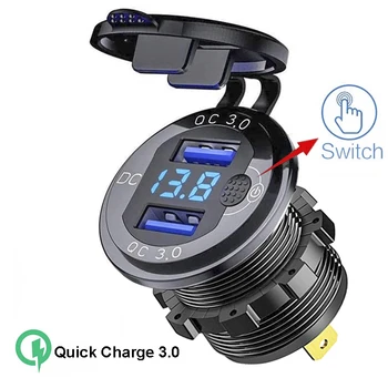 Cargador de coche QC3.0, enchufe de encendedor de cigarrillos USB Dual, resistente al agua con interruptor de voltímetro, adaptador de carga rápida de 12/24V, accesorios para coche