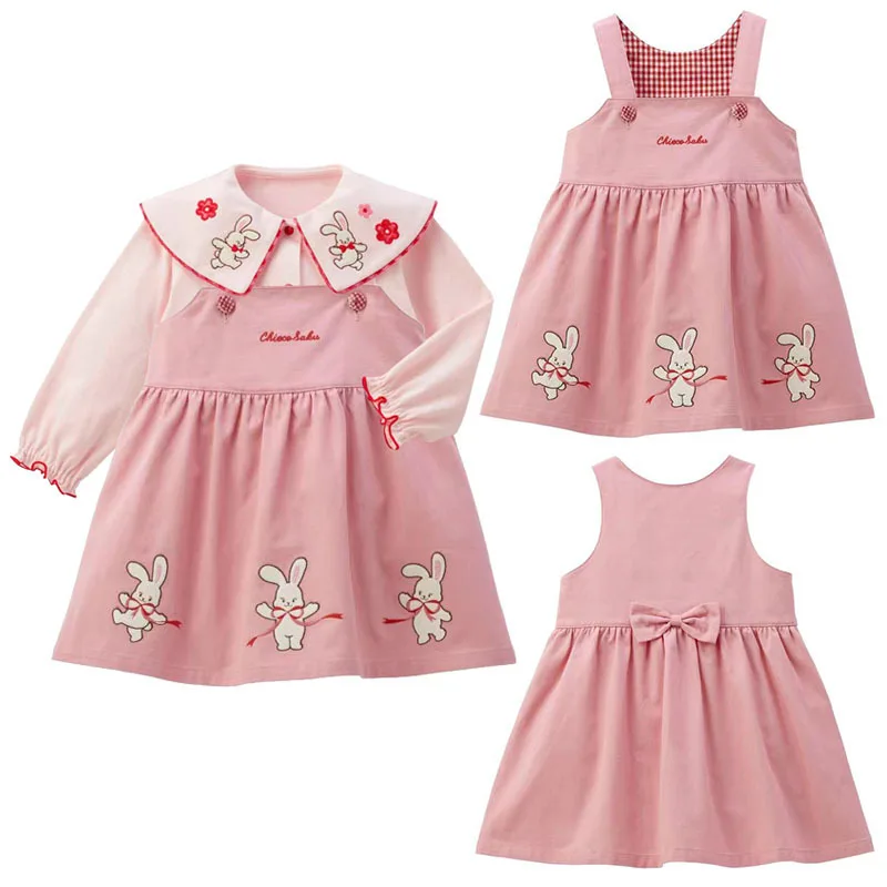 Girls Dress Spring New Cartoon Cute Bunny Letter Embroidery Bow Strap Skirt 2024