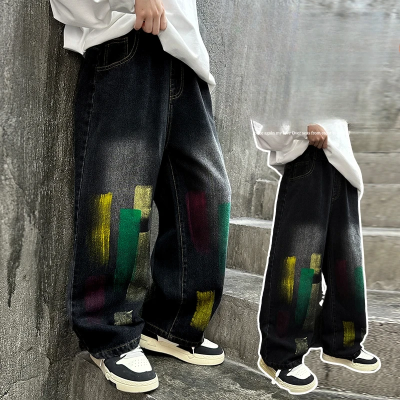 Boys black jeans spring and autumn graffiti paint children's straight pants loose boys' trousers teenagers wide-leg pants 5-15 y