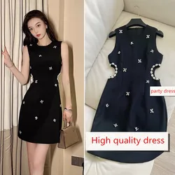 High Quality French Summer Black Sleeveless Tank Short Party Dress Luxury Women's O Neck Diamonds Sexy Hollow Waist Mini Vestido