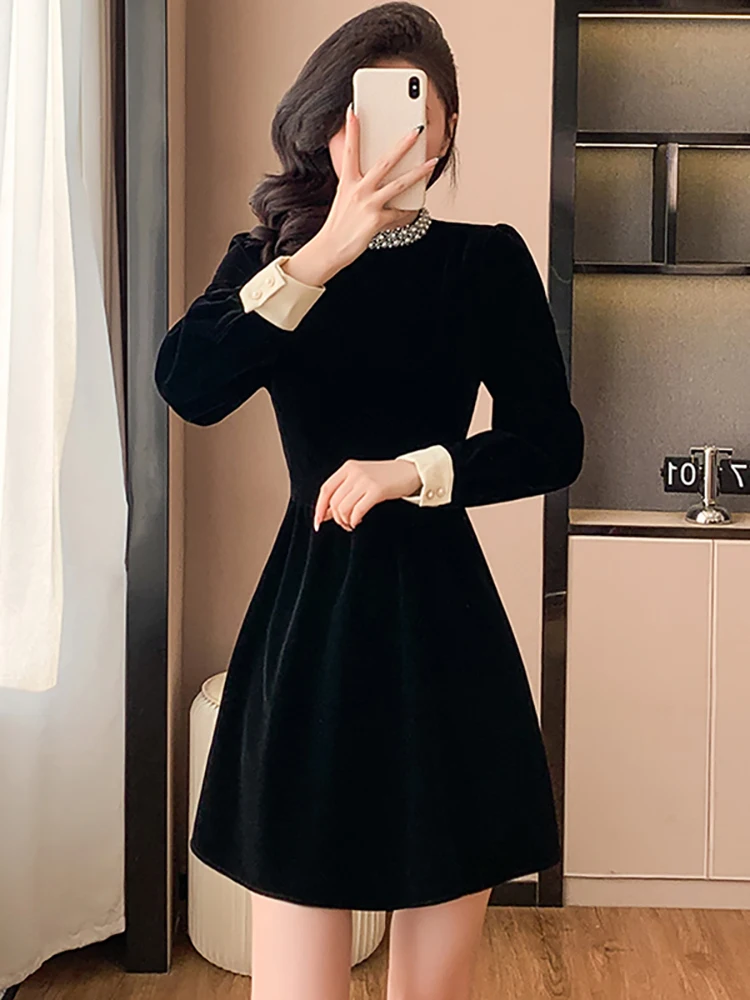 女性韓国ヴィンテージヘップバーン風プロムドレス秋冬ブラックベルベットダイヤモンドスタンドカラードレス2025エレガントボディコンパーティードレス