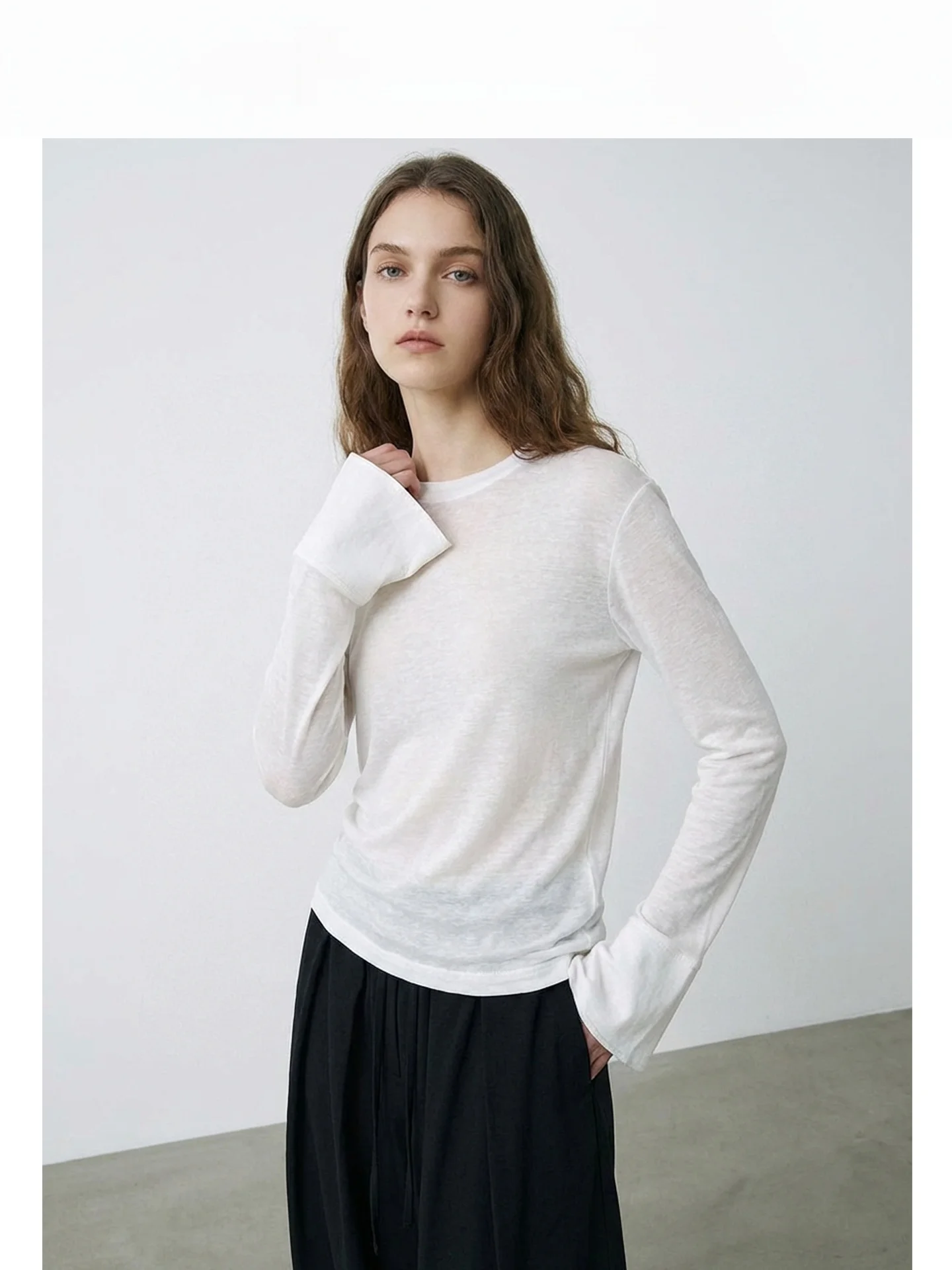 

Slim Fit Long Sve T-irt Women's round Ne Bell Sve Base irt French Sle Cotton Spring New Arrival Simple Pure Desire