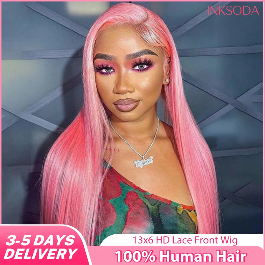 

13x6 HD Lace Frontal Wig Pink Human Hair Pre plucked Brazilan Bone Straight Human Hair13x4 Lace Front Pink Colored Wig For Women