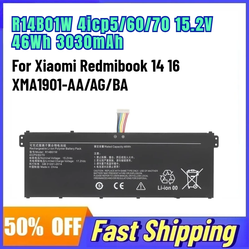 R14B01W 4icp5/60/70 15.2V 46Wh 3030mAh Laptop Battery For Xiaomi Redmibook 14 16 XMA1901-AA/AG/BA Replace Rechargeable Battery