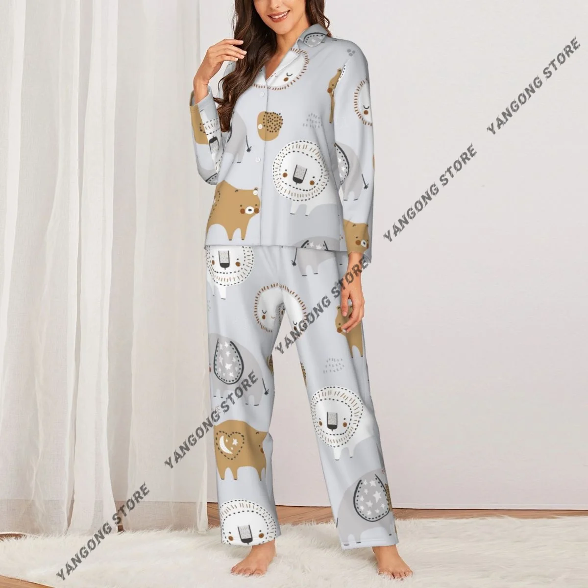 Women Sleepwear Pajamas Lion Elephant Bear Sun Moon Long Sleeve Pijama Female Set Negligee Cardigan Suit