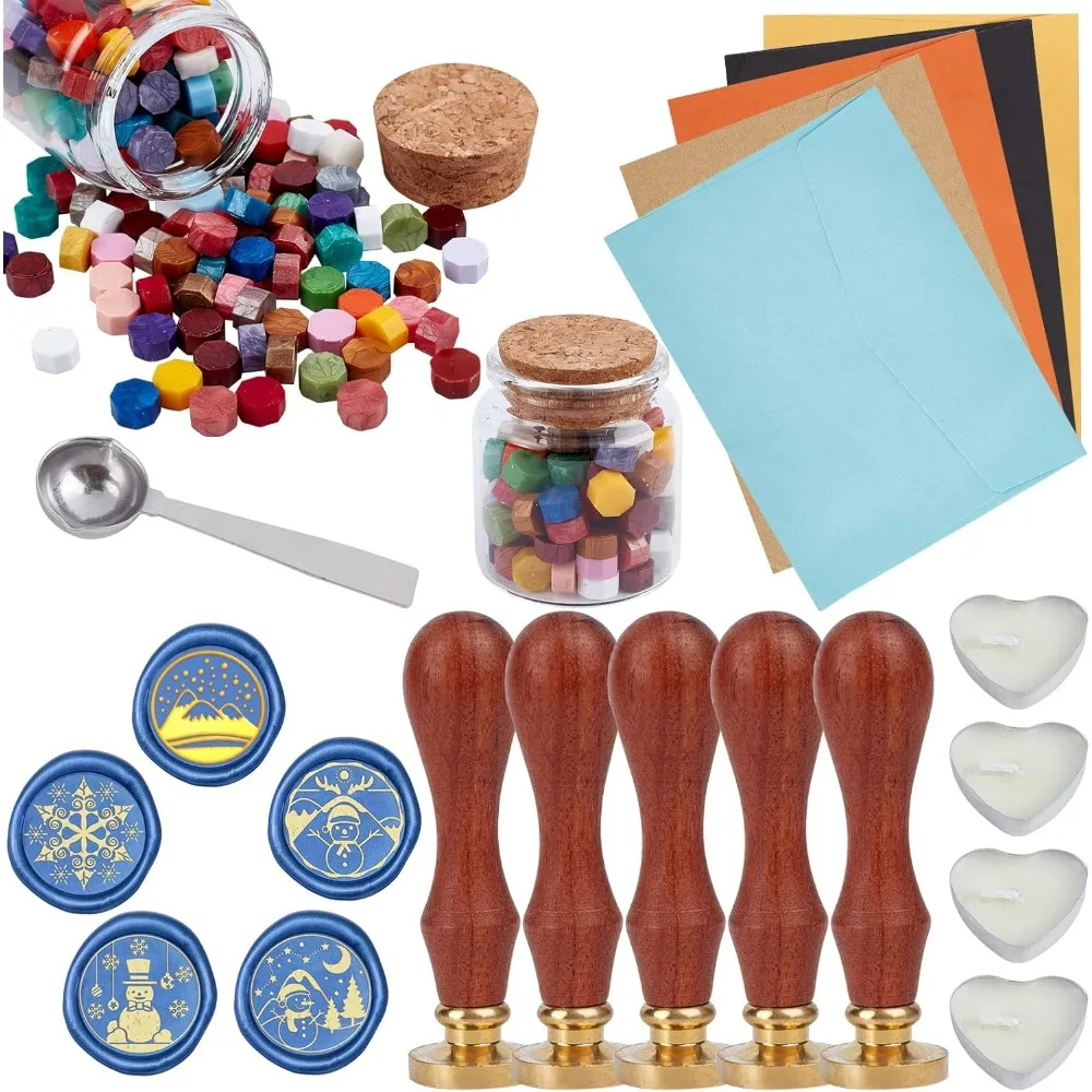 5pcs Wax Seal Stamp Head Set 25mm Removable Brass Stamp Heads with 2 Colors 180pcs Wax Seal Beads,5pcs Envelopes,1pc Spoon,