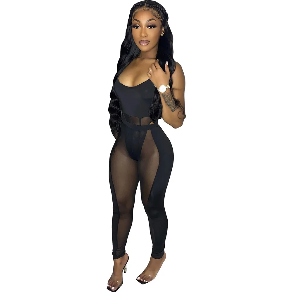 

Szkzk Sexy Mesh Sheer Two Piece Nightclub See Through Outfits For Women Bodysuit Tops And Pants High Waist Party Bodycon Sets