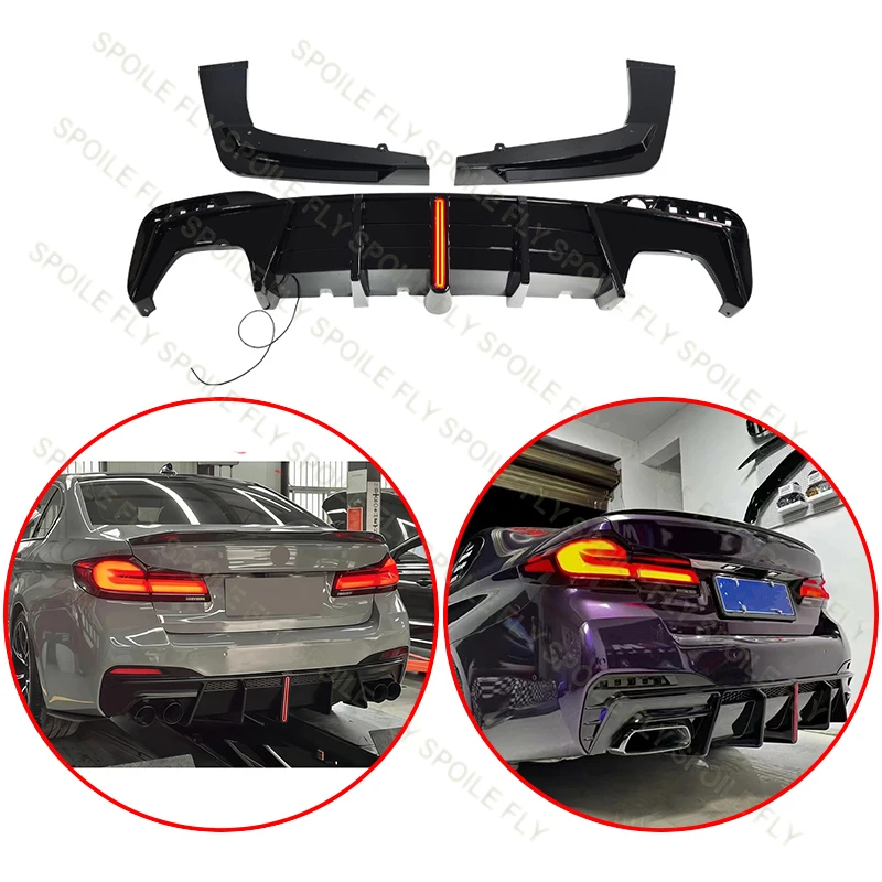 For BMW 5 Series G30 G31 M Sport 530i 525i 540i 2017-2023 High Quality 3/Pcs Car Rear Bumper Lip Spoiler Glossy Black With LED