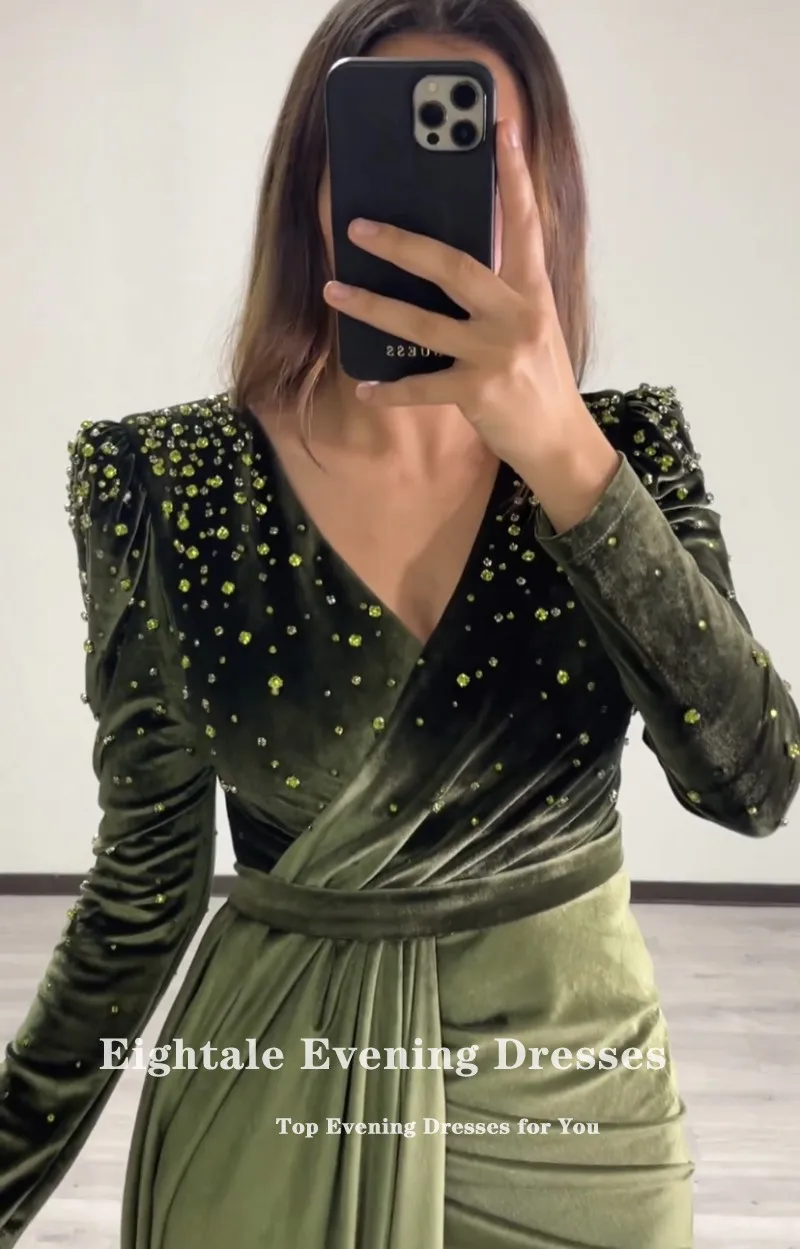 Eightale Velvet Evening Dress for Wedding Party V-Neck Beaded Olive Green Mermaid Customized Long Sleeves Prom Gown