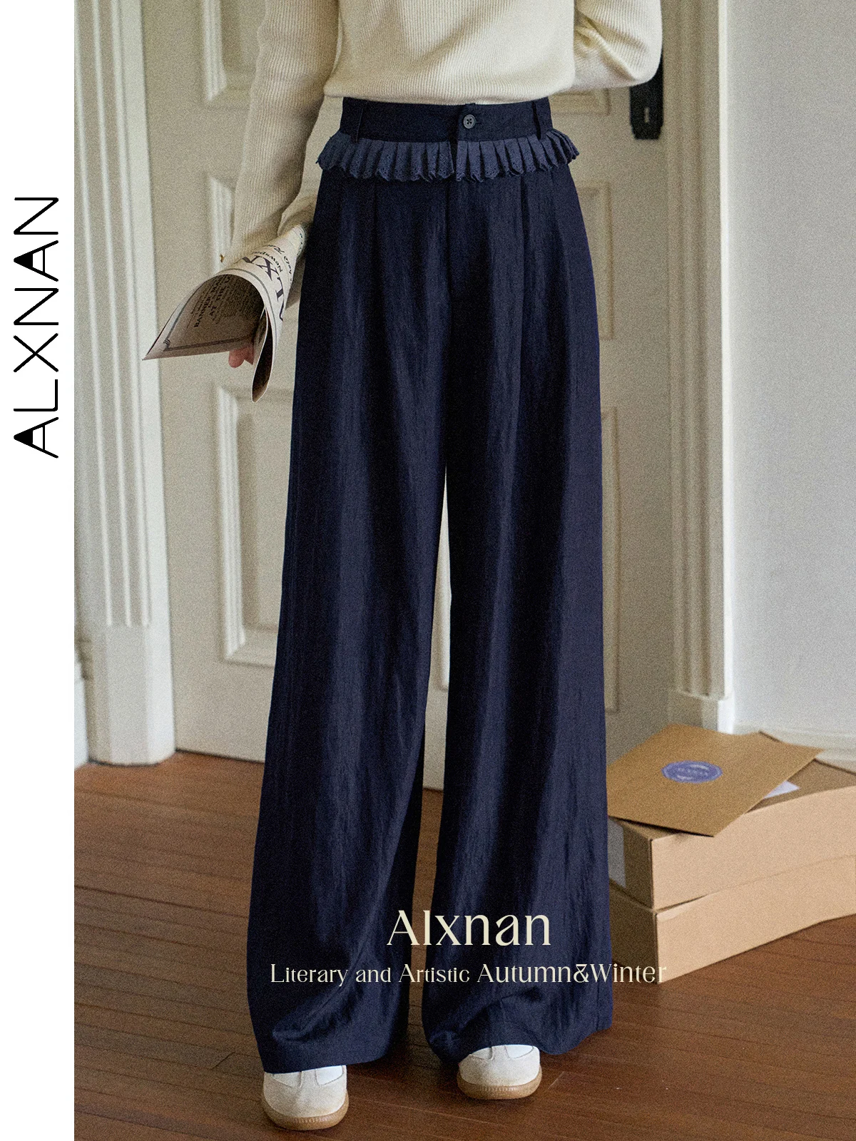 

ALXNAN Women Pants Navy Blue Casual Straight Wide-leg Baggy Pants 2025 Autumn Loose-fit Waist Panel Lace Trousers Female L56870